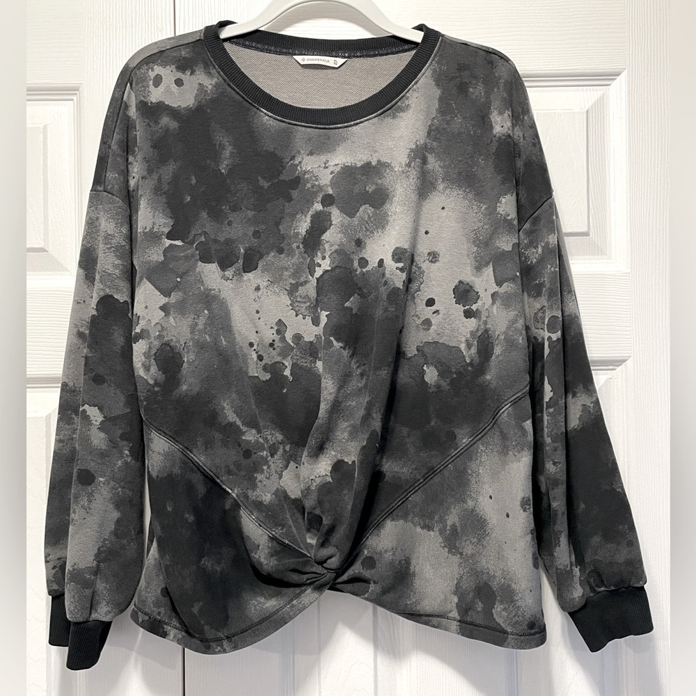 Shambhala Black Grey Tie-Dye Twist Front Pullover Sweater top XL Long Sleeves